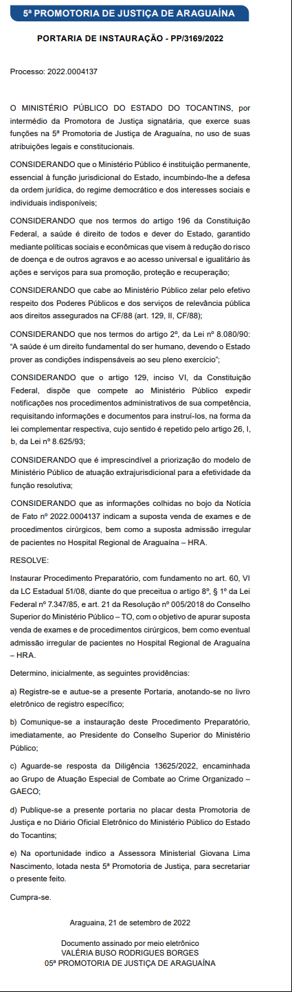 Instauração do procedimento preparatório 