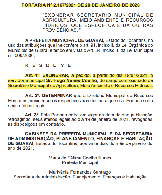 Portaria de exoneração do secretário 