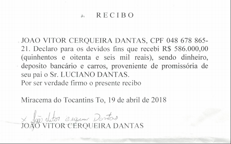 Recibo de pagamento de parte da dívida. Documento consta no processo.