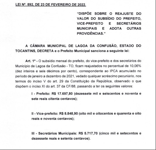 Aumento dos salários do prefeito, vice e secretários 